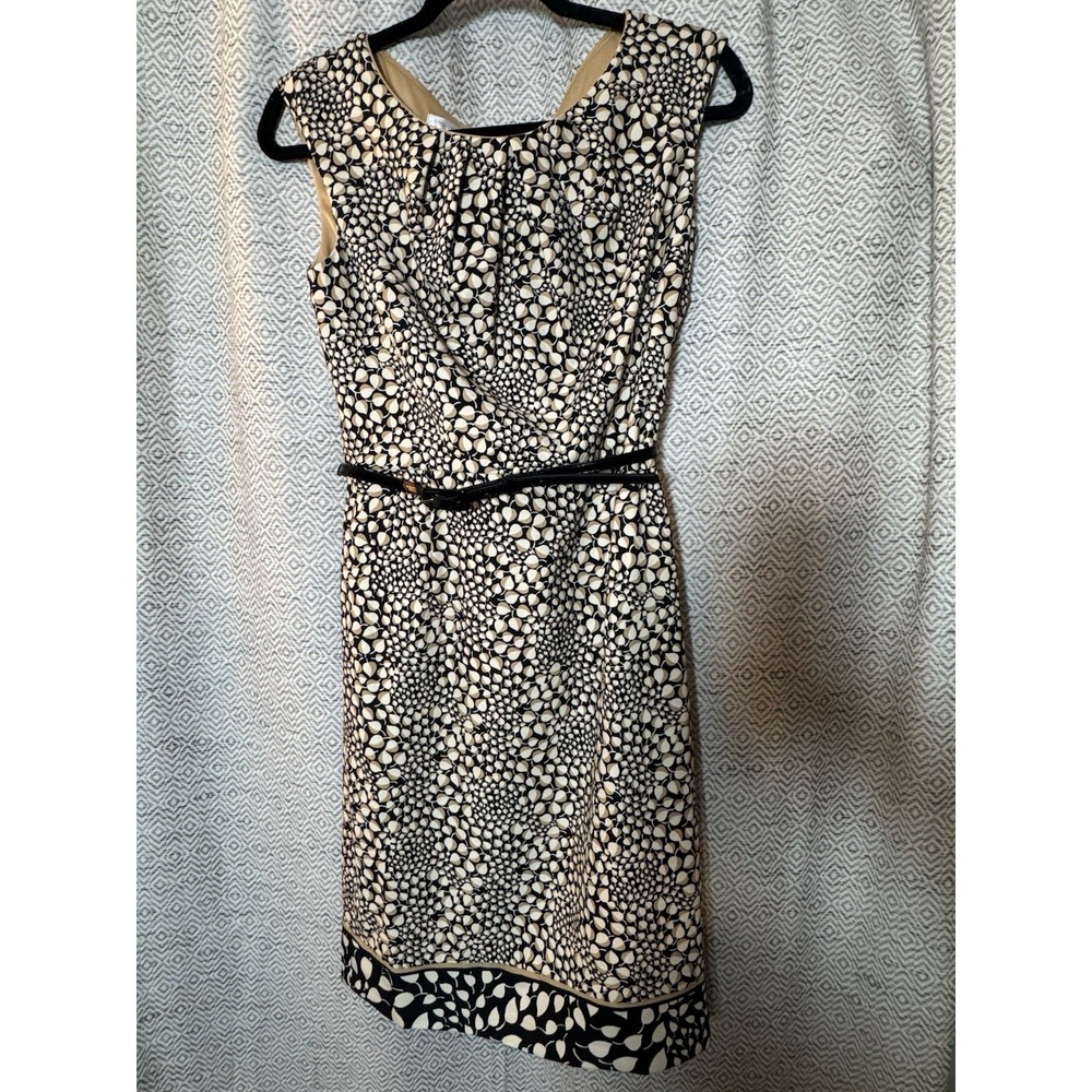London Times Black Tan Cream Leaf Print Lined Dress With Black Belt Size 8